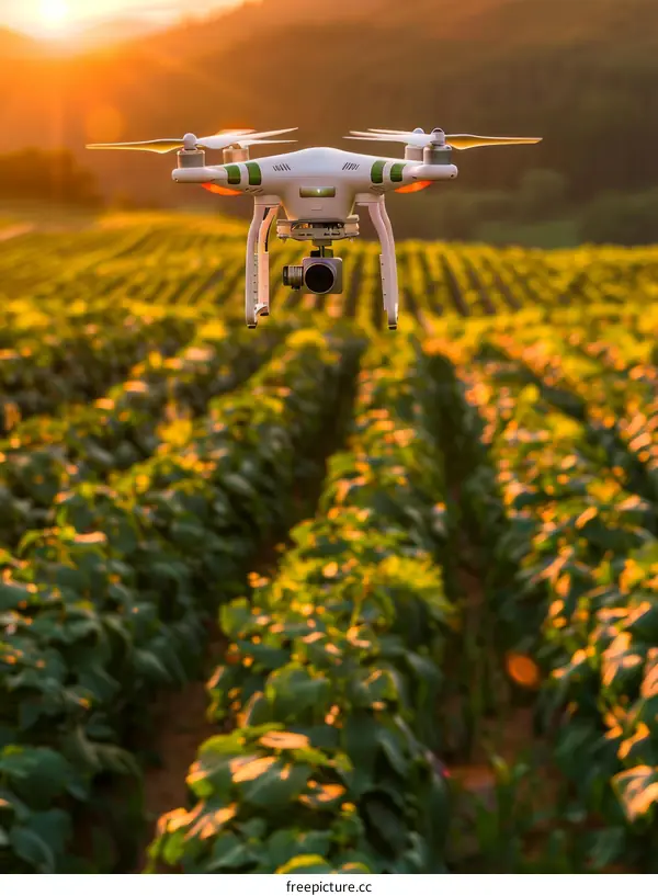 A drone is flying over a field of green plants