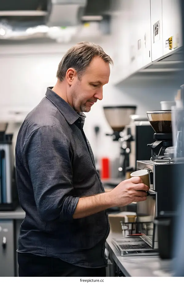 Man Making Coffee in Office Kitchen