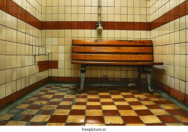Wooden Bench In A Tiled Room