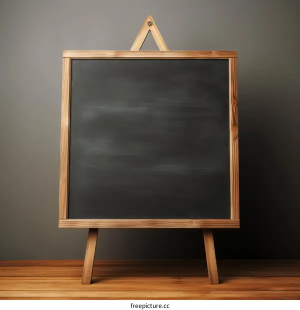 Blackboard on wooden tripod against grey wall background