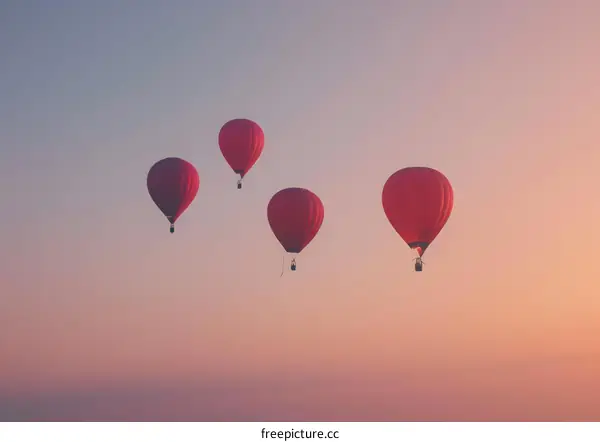 Four Red Hot Air Balloons In The Sky During Sunset