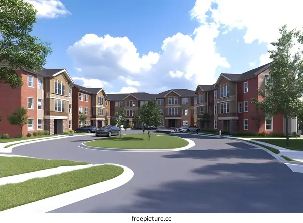 Modern Apartment Complex with Green Grass and Blue Sky