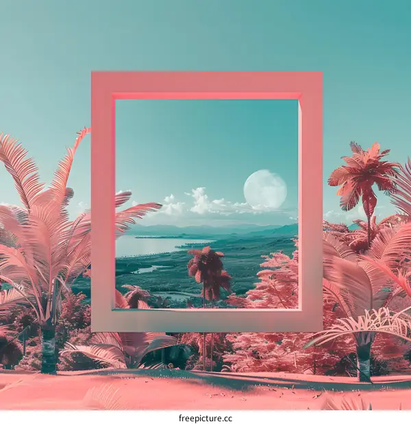 Tropical Landscape Through Pink Frame