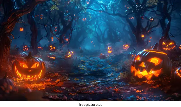Spooky Halloween Pumpkin in a Dark and Mysterious Forest