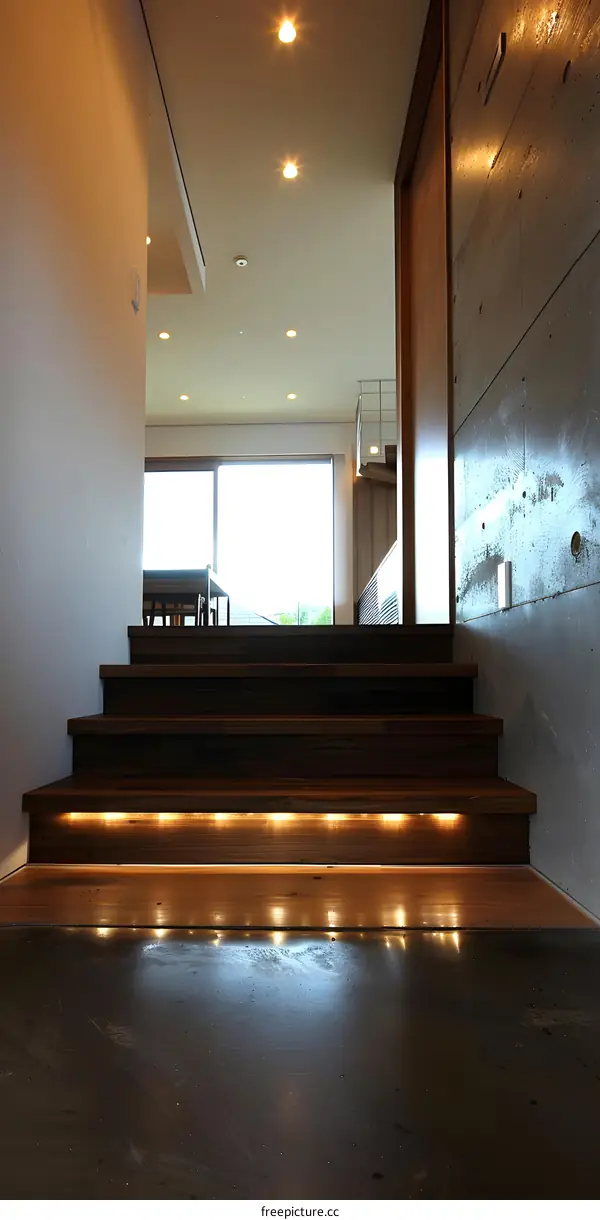 Modern Interior Design With Wooden Stairs and Concrete Wall