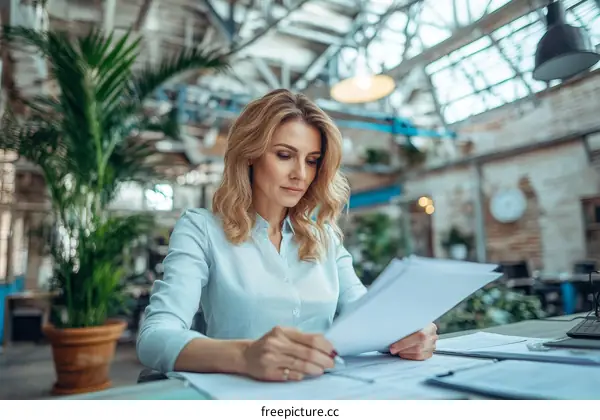 Business Woman Reviewing Documents in Modern Office