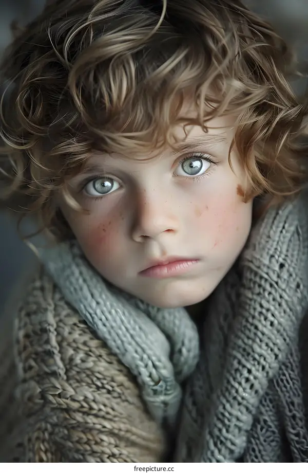 Portrait of a boy with curly blond hair and green eyes