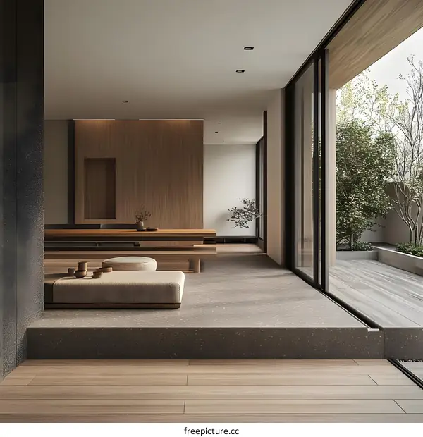 Minimalist Japanese Style Interior Design with Wooden Floor and Large Window