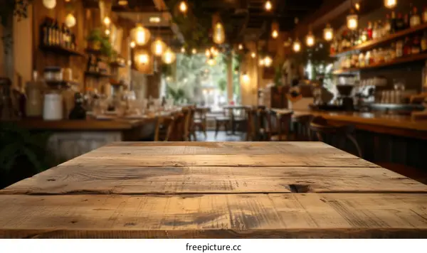 Rustic wooden table in a restaurant with a blurred background