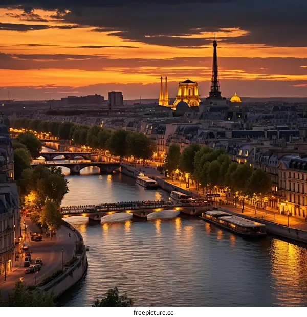 Paris cityscape with the Eiffel Tower at sunset