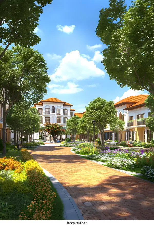 Beautiful  Pathway with Flowers and Buildings