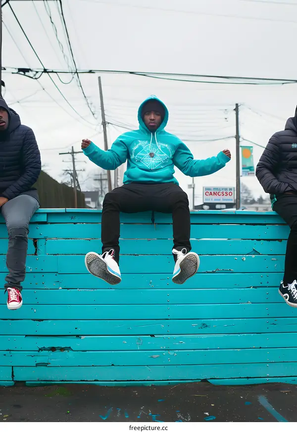 Three African American Men Sitting On A Blue Wall