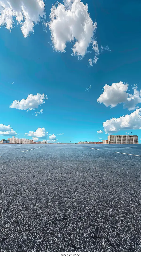 Empty Asphalt Road and City Skyline under Blue Sky