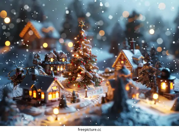 Charming Christmas Village in Snowy Winter Landscape