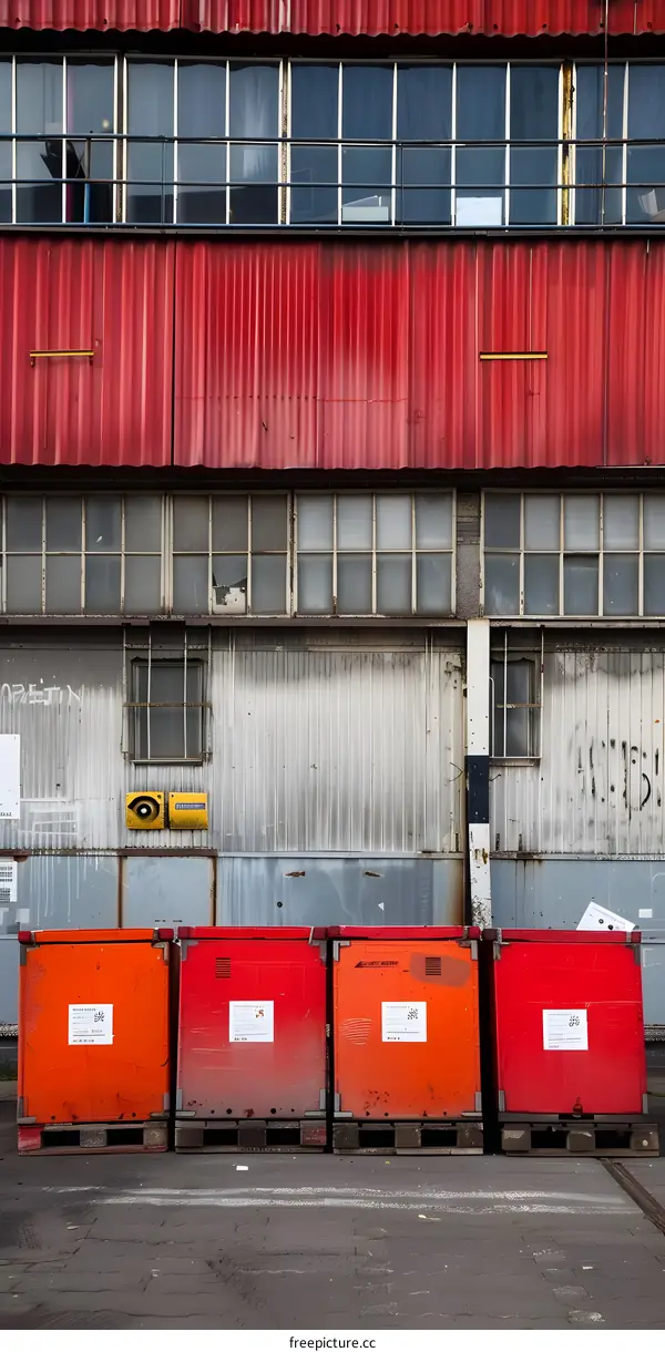 Red Metal Building with Orange Storage Containers