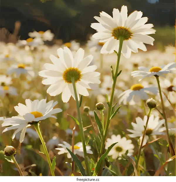 White Daisies Blooming in a Sunlit Field on a Warm Afternoon