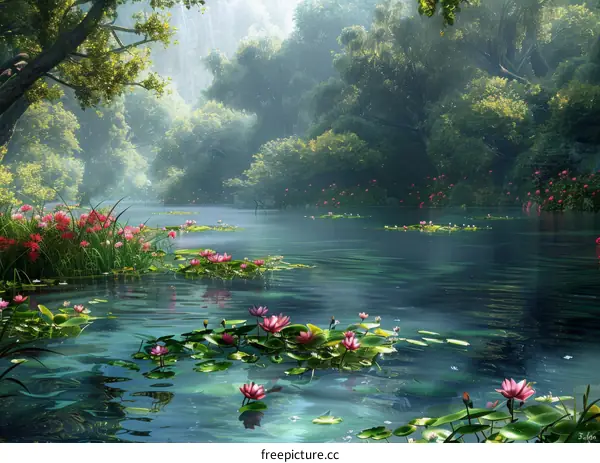 Misty Lake with Water Lilies and Lush Foliage