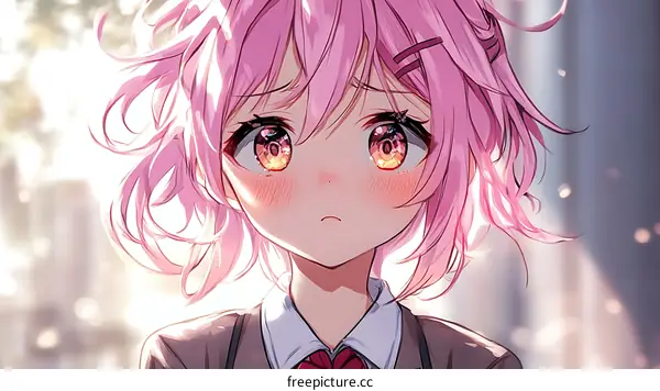 Beautiful Anime Girl with Pink Hair in a School Uniform