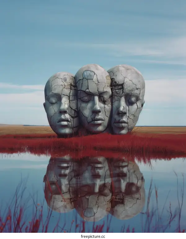 Three Stone Head Sculptures Near the Lake with Closed Eyes
