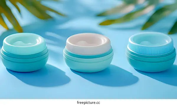 Blue Cream Jars with Green Leaves on Blue Background