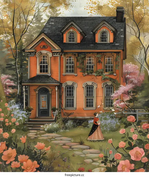 A woman standing in a garden path in front of a house