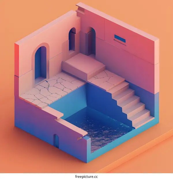Abstract Minimalist 3D Illustration Of A Pink And Blue Building With A Pool Inside