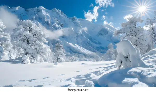 The sun shines on the snow-capped mountains