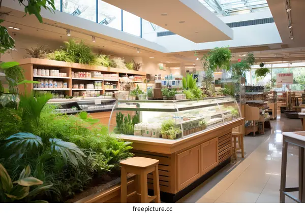 Indoor plants and natural light in grocery store