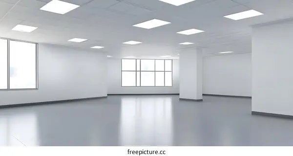 Empty Office Space With Ceiling Lights And Windows