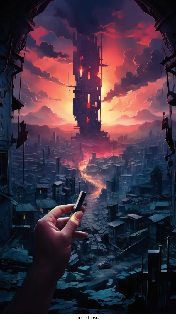 A hand holding a crayon in front of a ruined city