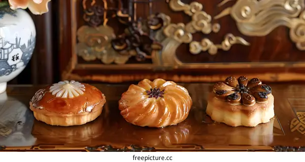 Three Traditional Chinese Mooncakes with Decorative Flower Designs on a Wooden Table