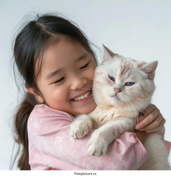 A young girl is hugging a white cat