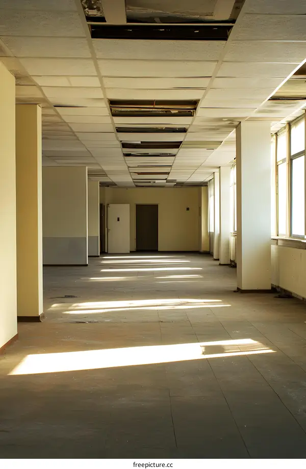 Empty Office Hallway with Damaged Ceiling