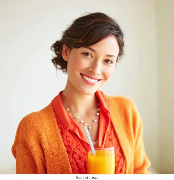 Smiling Asian Woman with Orange Juice