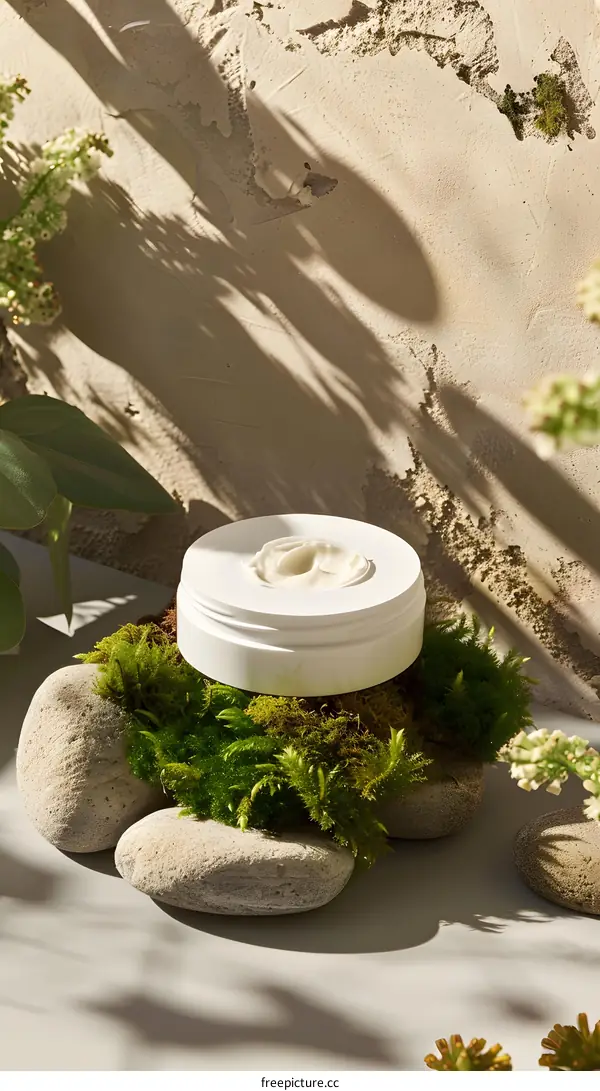 Natural Skin Care Cream Jar On Moss And Stones
