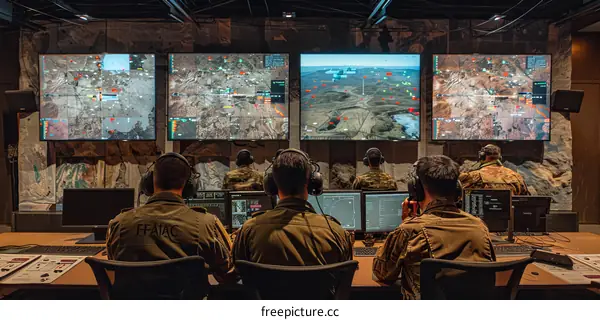 Military personnel monitoring screens in a command center