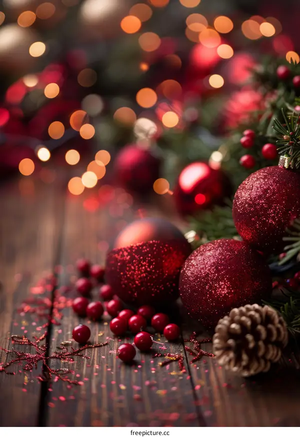 Red and gold Christmas ornaments on a wooden table
