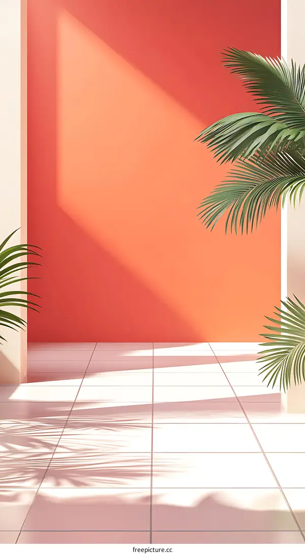 Minimalist  Palm Leaves  White Tiles  Orange Wall  Minimal  Background