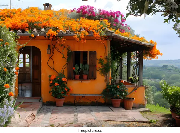 An Italianate house with a roof covered with flowers