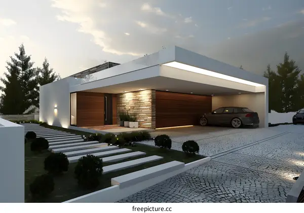 Modern House Exterior Design with Garage and Landscaping