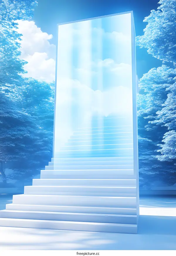 White Staircase Leading To Heaven With Trees On Sides