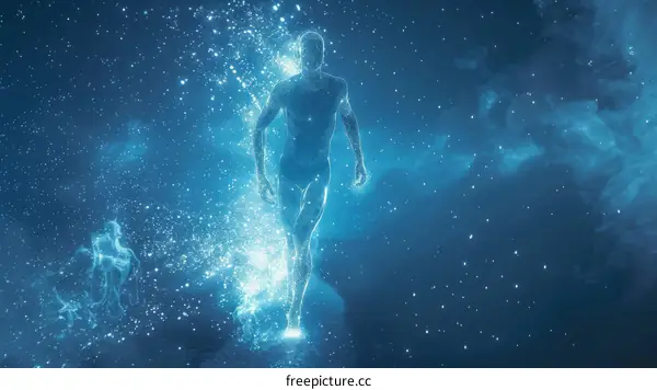 Blue translucent man walking on water