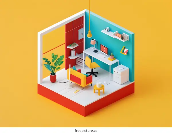 Modern Isometric Home Office with Yellow Chair and Colorful Decor