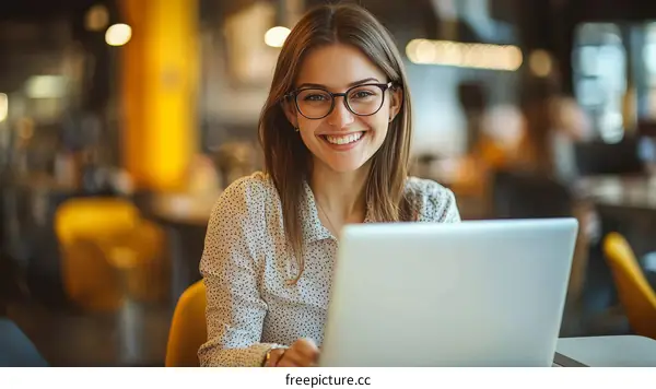 Young Woman Working on Laptop in Cafe