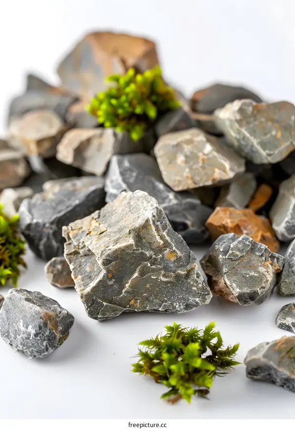 Closeup of Grey Rocks and Green Moss on a White Background
