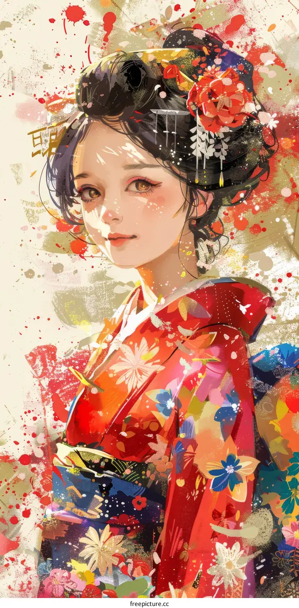 An illustration of a Japanese woman in a kimono with red and pink flowers in her hair and a red and blue kimono with white and yellow flowers.