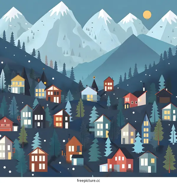 Winter Mountain Village Illustration