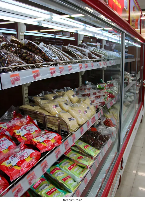 Refrigerated Showcase Filled with Chinese Snacks in a Convenience Store
