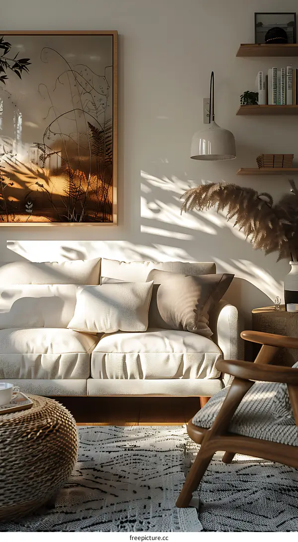 The picture shows a living room with a sofa, a chair, a coffee table, a rug, a lamp, and some plants.