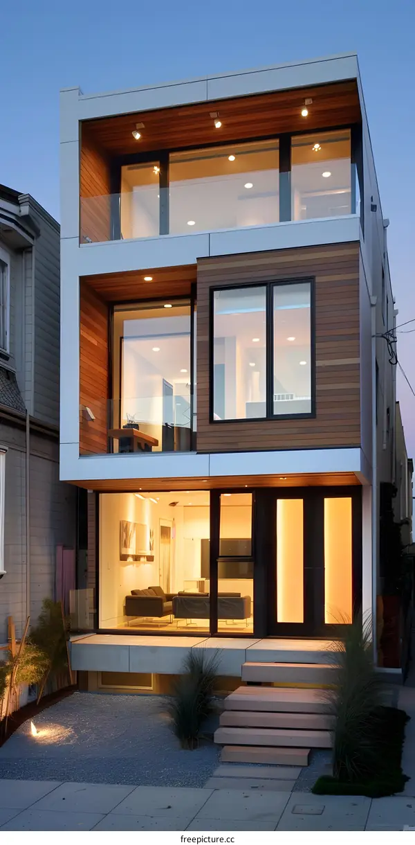 Modern Home With Wooden Siding And Large Windows